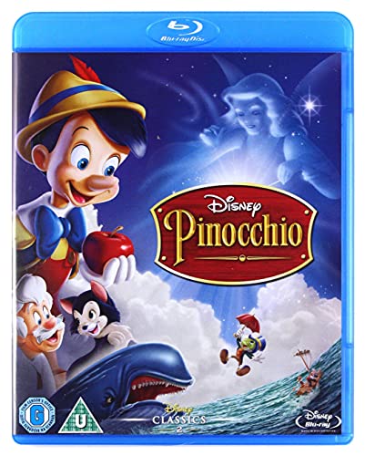 Pinocchio" Blu-ray cover featuring the puppet, Jiminy Cricket, and the Blue Fairy.