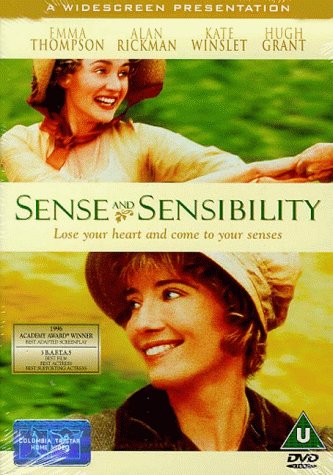 "Sense and Sensibility DVD cover featuring two women in Regency-era clothing against a green background."