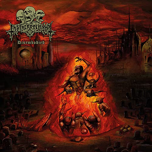 Dark album cover depicting a fiery scene with figures and a graveyard.