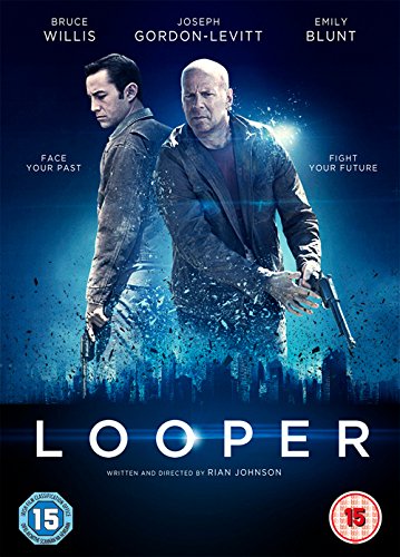 Looper" DVD cover featuring Bruce Willis and Joseph Gordon-Levitt with guns.