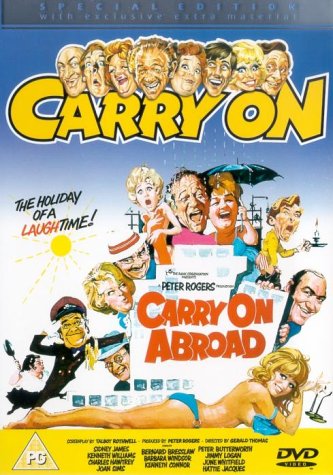 "Carry On Abroad DVD cover featuring cartoon characters and title in yellow and orange."