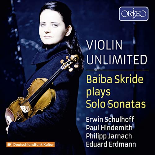 CD cover featuring violinist Baiba Skride with violin and composers’ names.