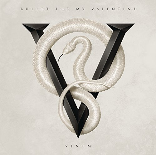 "Album cover with a white snake coiled around a black 'V' on beige background."
