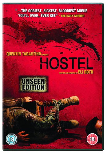 Hostel DVD cover with red background and disturbing imagery of a bound person.