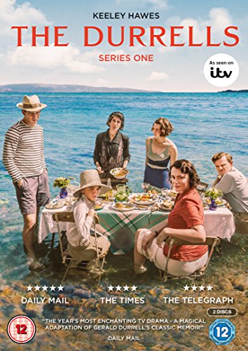 The Durrells" DVD cover featuring a family seated at a seaside table.