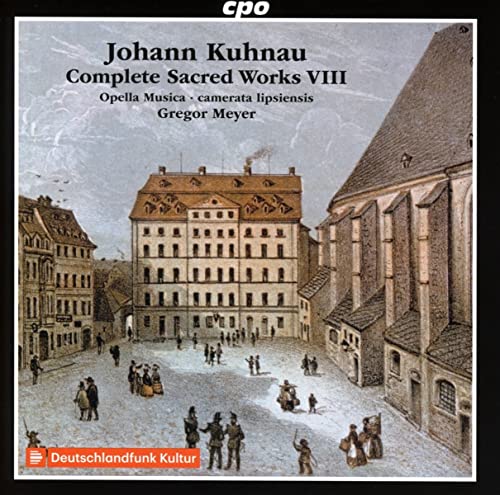 CD cover: historic Leipzig cityscape with text “Johann Kuhnau Complete Sacred Works VIII”.