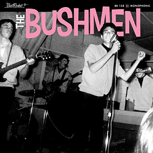 "Black and white album cover featuring a band performing on stage with pink title text."