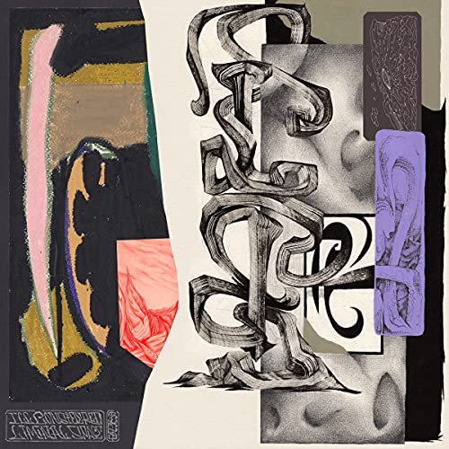 Abstract album cover with black swirls, layered shapes, and muted colors.