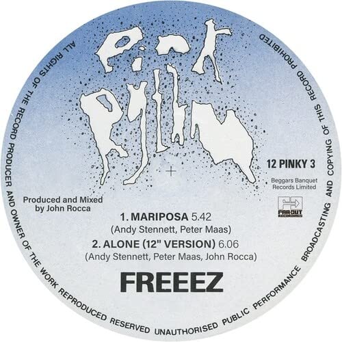 Blue vinyl record label with white text: "FREEEZ - Mariposa/Alone".