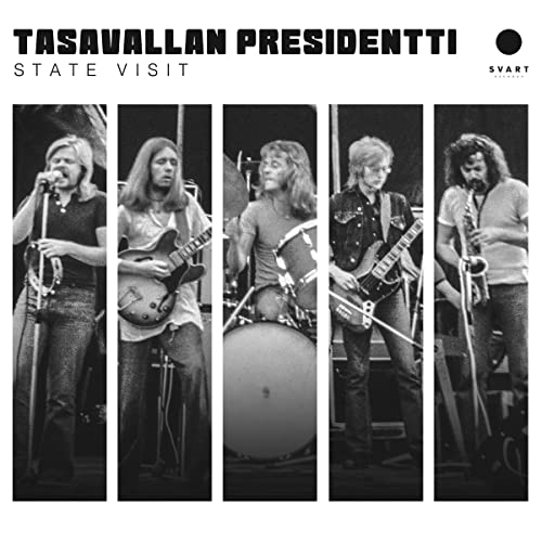 Black and white album cover featuring a 1970s rock band performing.