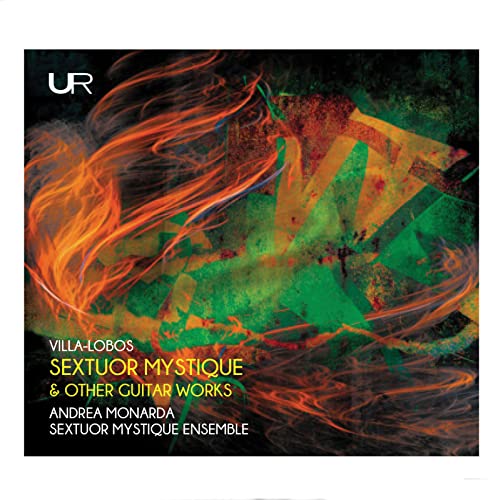 CD cover with abstract orange and green swirls, text: "Villa-Lobos Sextuor Mystique.