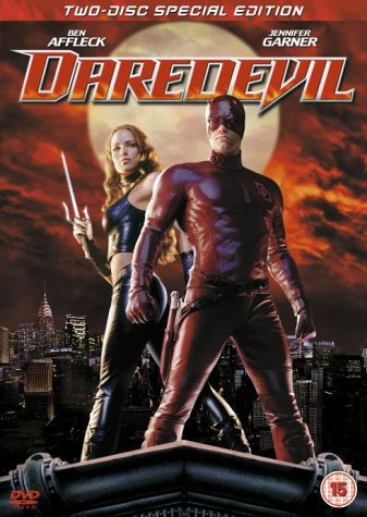 Daredevil DVD cover featuring Ben Affleck and Jennifer Garner in costume.