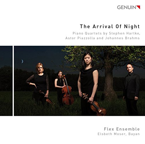 "CD cover with four musicians in black standing in a field at night."