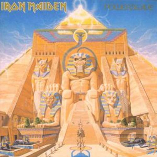 Iron Maiden’s Powerslave album cover: Egyptian pyramid with pharaoh statues.