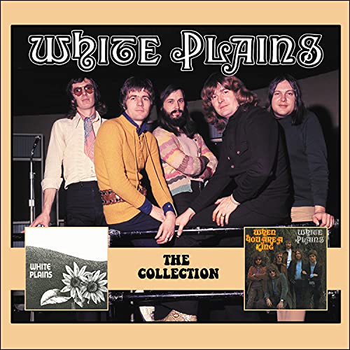 White Plains band portrait with album cover images and floral design.