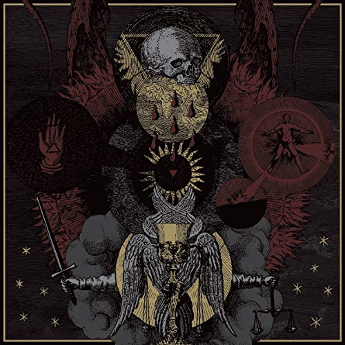 Dark album art featuring a skull, symbols, and figures in a gothic style.