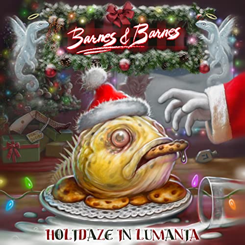 Album cover: a cooked fish head with Christmas decorations and angels.