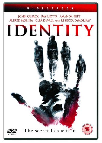 DVD cover for "Identity" featuring silhouetted figures and a handprint.