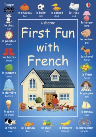 "Blue DVD cover with house illustration and French vocabulary words surrounding it."