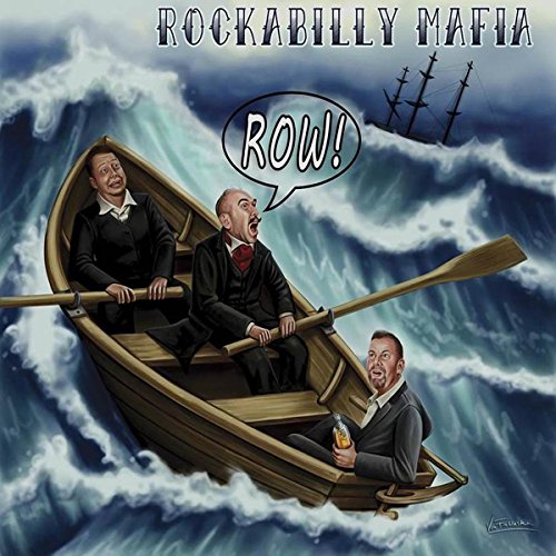 Album cover: men in suits rowing a boat on stormy seas.