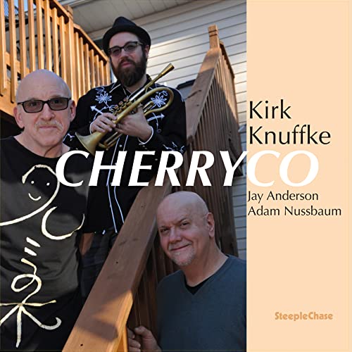 Album cover for Kirk Knuffke’s “Cherryco” featuring three men and a trumpet.