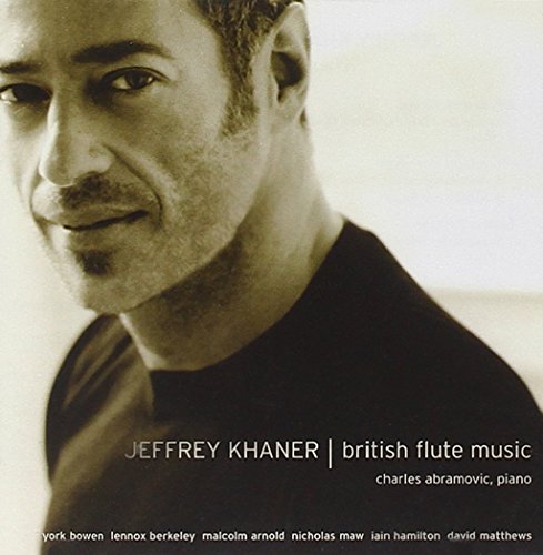 "CD cover featuring a man in a black shirt with text 'Jeffrey Khaner, British Flute Music'."