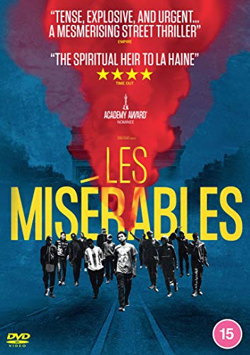 "Les Misérables DVD cover featuring a group of people walking down a street."