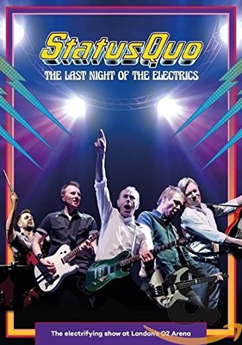 "Status Quo band members performing on stage with guitars, surrounded by a colorful border."