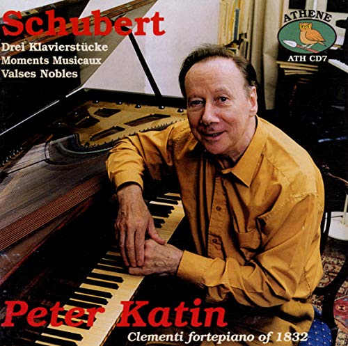 CD cover featuring pianist Peter Katin at a fortepiano, with "Schubert" text.
