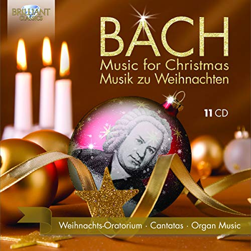 Christmas CD cover featuring Bach's portrait in a bauble surrounded by ornaments and candles.