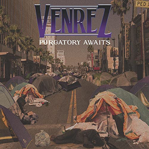 Venrez album cover: city street with tents and the band’s name.