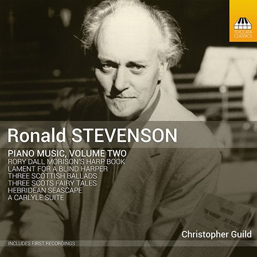 CD cover featuring a black-and-white photo of Ronald Stevenson with musical notes and text.