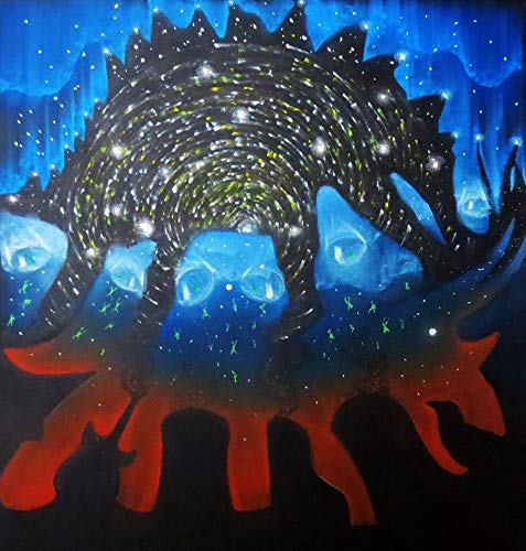 The image depicts a CD with a vibrant, abstract cover art. Alt text: "CD with blue and red abstract cover art."