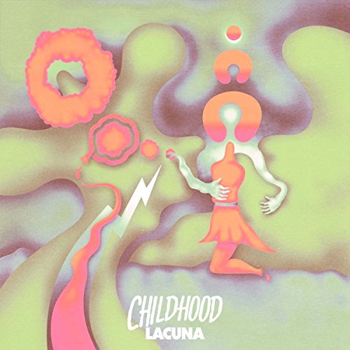 The image depicts a vinyl record cover featuring a surreal illustration. Alt text: "Vinyl record cover with abstract figure and colorful, swirling shapes."