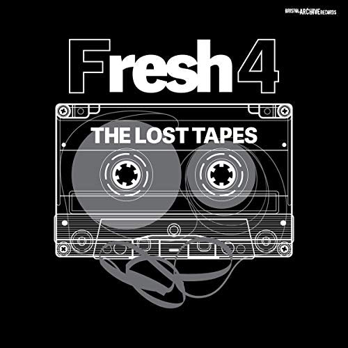 "Black album cover with white outline of cassette tape and 'Fresh 4' text."