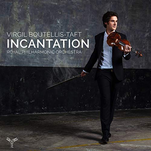The image depicts a man in a suit holding a violin and bow, with the title "Incantation" and the artist's name "Virgil Boutellis-Taft" displayed prominently. The man is standing in front of a dark background, with a spotlight shining on him. The overall atmosphere suggests a classical music performance or album cover. Alt text: "Man holding violin and bow, with 'Incantation' title."