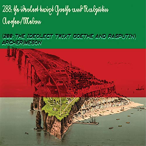 "Album cover with a green and red background and an illustration of a city."