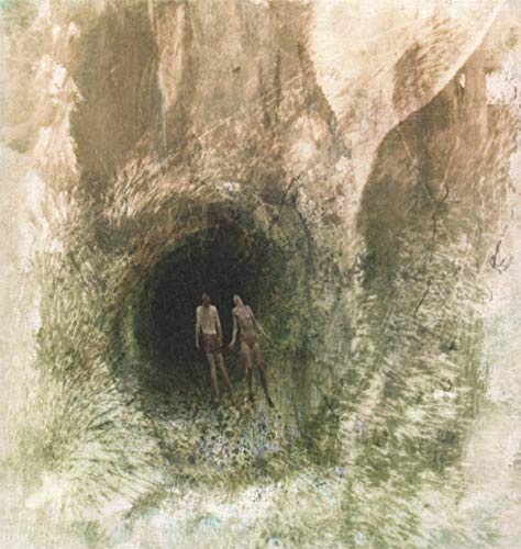 Abstract painting of two figures inside a dark, textured cave opening.