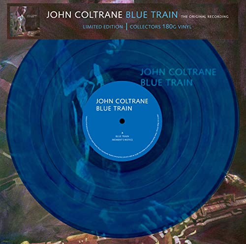 Marbled blue vinyl record of John Coltrane’s “Blue Train” album.