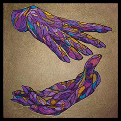 Vinyl record cover with abstract purple and gold illustrated hands.