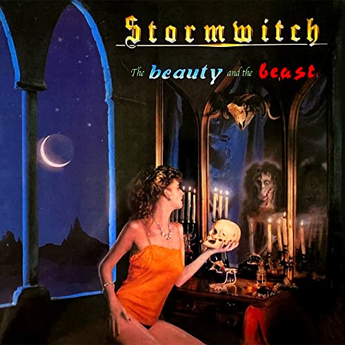 CD cover: woman with skull, mirrored beast, gothic archway, moonlit night.