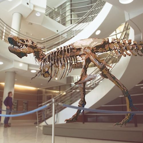 Dinosaur skeleton sculpture in a brightly lit, modern building interior.