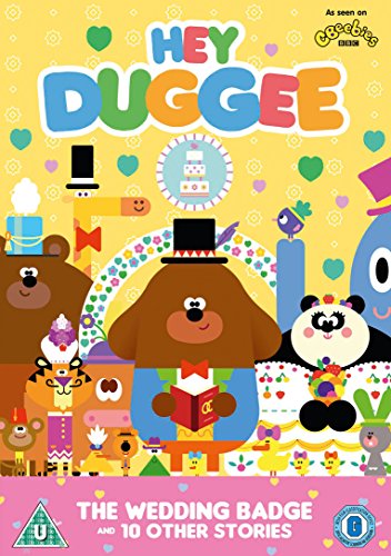 "Colourful DVD cover featuring cartoon bears and other animals, with 'Hey Duggee' title prominently displayed."