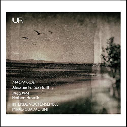 A monochrome CD cover with a landscape and birds, featuring white text and a logo.