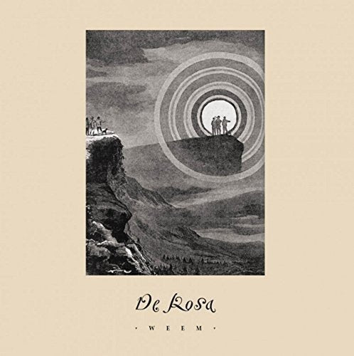 "Black and white landscape album cover with silhouetted figures and a beige background."