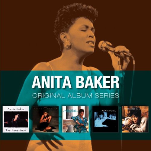 "CD cover with Anita Baker singing into a microphone and four album covers below."