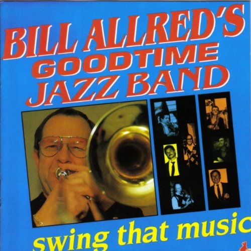 "Blue album cover with red title, images of jazz band members, and trumpet player."