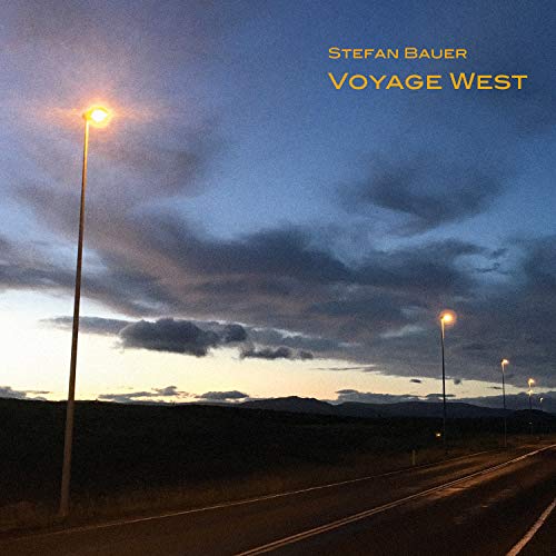 "CD cover art: dark road with streetlights, cloudy sky, and 'STEFAN BAUER VOYAGE WEST' text."