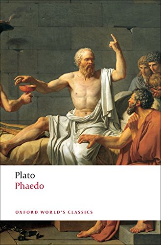 "Phaedo" book cover featuring a painting of Socrates surrounded by men in ancient robes.