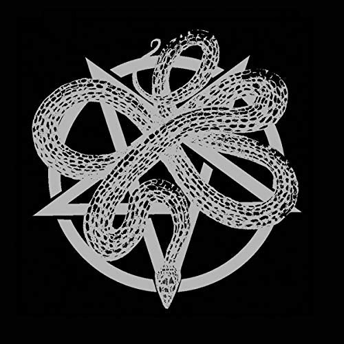 Black and white image of a snake coiled around a pentagram symbol.